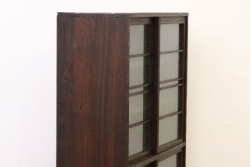 レトロ家具　昭和レトロ　古い木の結霜ガラス入り大型収納棚(下駄箱)