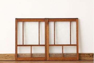 昭和レトロ　ダイヤと銀モールガラス入りのシックな引き戸2枚セット(窓・ガラス戸)