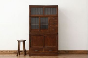 レトロ家具　☆アンティーク　モールガラス入りシンプルな作業台付き食器棚(昭和レトロ)