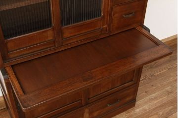 レトロ家具　☆アンティーク　モールガラス入りシンプルな作業台付き食器棚(昭和レトロ)