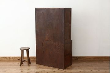 レトロ家具　☆アンティーク　モールガラス入りシンプルな作業台付き食器棚(昭和レトロ)