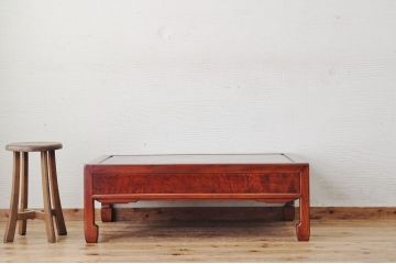 アンティーク家具　総欅材!漆の綺麗な古い玉杢材の引き出し付座卓