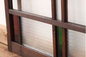 アンティーク　素敵なデザインの銀モールと色ガラス入り引き戸1枚(ガラス戸・窓)