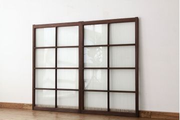 和製アンティーク　ストライプ模様のレトロガラスがかわいい引き戸2枚セット(窓)