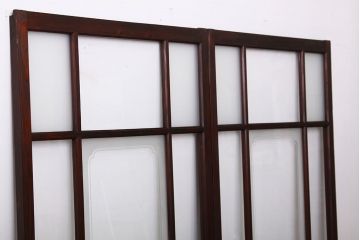 アンティーク　古い木のレトロな模様ガラス戸2枚セット(引き戸)