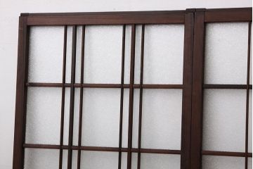 アンティーク　古い木のレトロな模様ガラス戸2枚セット(引き戸)
