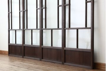 アンティーク　モールガラスと結霜ガラス入り美しい細身のガラス戸4枚セット(引き戸)