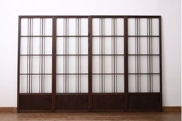 アンティーク　古い木の細身のダイヤガラス入り引き戸4枚セット(ガラス戸)
