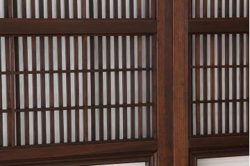 古民具・骨董　古い木の銀モールガラス格子戸4枚セット(裏障子付き引き戸)