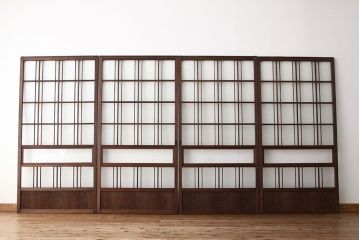 アンティーク　古い木のモールとダイヤガラス入り引き戸4枚セット(ガラス戸)