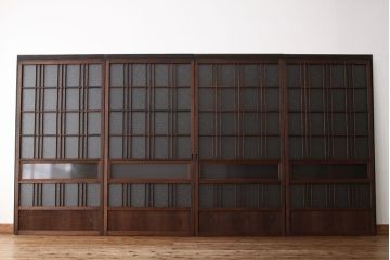 アンティーク　古い木のモールとダイヤガラス入り引き戸4枚セット(ガラス戸)