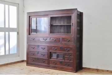 アンティーク家具　極上!迫力のある二段重ね収納箪笥(水屋箪笥、ガラスケース、食器棚、収納棚)