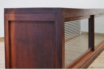 アンティーク家具　天板欅材一枚板　両面ガラスのモールガラス特大ローボード