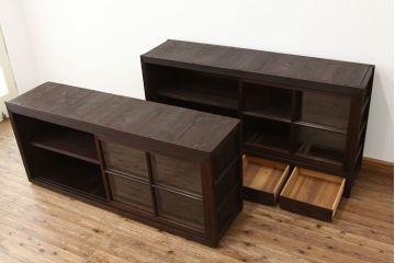 アンティーク家具　アンティーク　引き出し付き二段重ね収納棚(ガラスケース・ショーケース・食器棚)