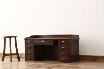アンティーク家具　大正ロマン　総欅!古い欅材の使い込まれた帳場机(文机・両袖机)