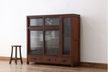 アンティーク家具　アンティーク　古い木のモールガラス　大ぶりな下駄箱(収納棚)