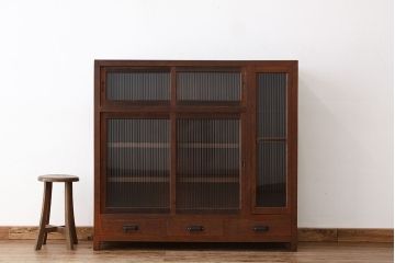 アンティーク家具　アンティーク　古い木のモールガラス　大ぶりな下駄箱(収納棚)