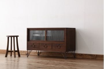 アンティーク家具　アンティーク　古い木のモールガラス鉄脚ローボード(収納棚)