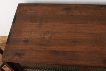 アンティーク家具　アンティーク　古い木のモールガラス鉄脚ローボード(収納棚)