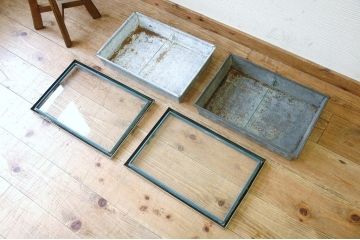 アンティーク家具　古い駄菓子屋のブリキのガラスケース2個組4