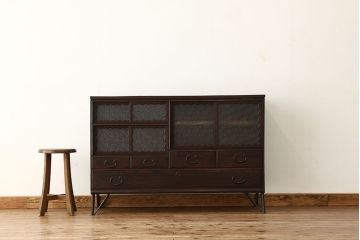アンティーク家具　アンティーク　古い木のダイヤガラスローボード(ローチェスト・箪笥)