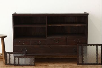 アンティーク家具　アンティーク　古い木のダイヤガラスローボード(ローチェスト・箪笥)