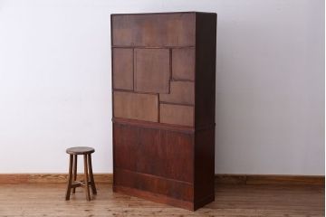 昭和レトロ　極上美品!前面桑材(張り)の上質な二段重ね茶箪笥