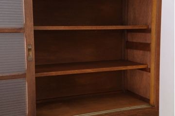 アンティーク家具　アンティーク　古いナラ材の銀モールガラス二段重ね収納棚(食器棚)