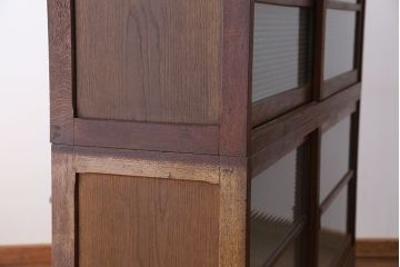 アンティーク家具　アンティーク　古いナラ材の銀モールガラス二段重ね収納棚(食器棚)