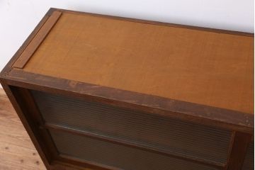 アンティーク家具　アンティーク　古いナラ材の銀モールガラス二段重ね収納棚(食器棚)