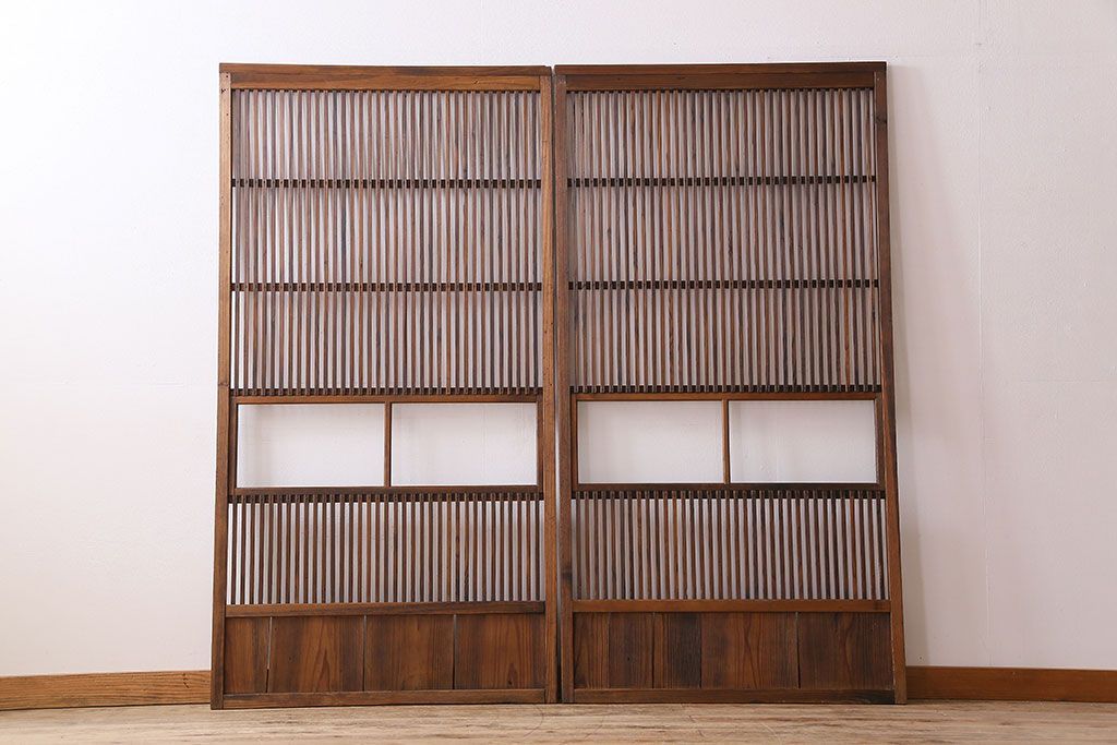 和製アンティーク　ジャンク品　クリアガラス帯の格子戸2枚セット