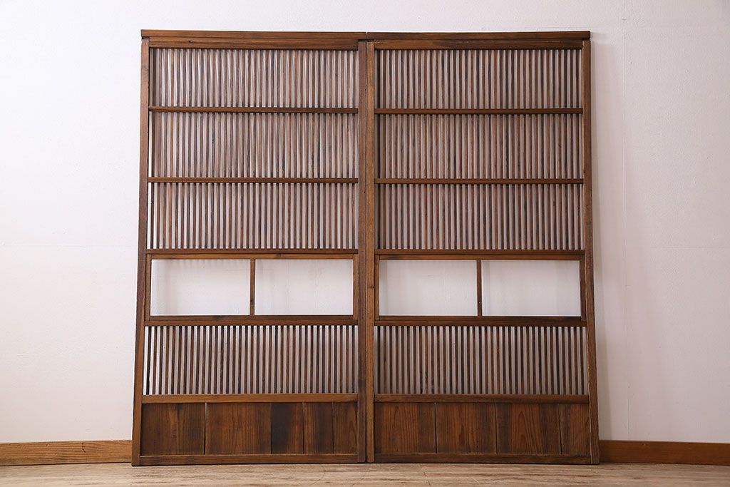 和製アンティーク　ジャンク品　クリアガラス帯の格子戸2枚セット