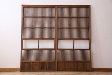 和製アンティーク　ジャンク品　クリアガラス帯の格子戸2枚セット