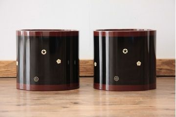 アンティーク雑貨　螺細工の漆火鉢一対(手あぶり・茶道具)