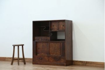アンティーク家具　古民具・骨董　古いお家の木目の素晴らしい茶箪笥