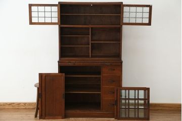 アンティーク家具　☆アンティーク　素敵なデザイン!古いナラ材の上質な面取りガラス食器棚