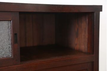アンティーク家具　☆アンティーク　重厚!古い欅材の結霜ガラス二段重ね食器棚(収納棚)