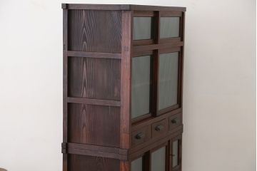 アンティーク家具　☆アンティーク　前面欅!モールガラス二段重ね食器棚(収納棚)