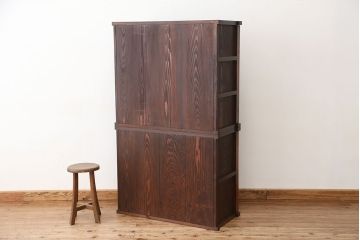 アンティーク家具　☆アンティーク　前面欅!モールガラス二段重ね食器棚(収納棚)