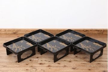 アンティーク雑貨　明治〜大正!鳳凰の図・蒔絵の見事な木製高脚お膳5客(漆器)