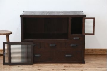 アンティーク家具　アンティーク　古い木のモールガラス収納棚