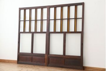 大正ロマン　古いお屋敷の上質な色ガラス引き戸　2枚セット(ガラス戸・建具)