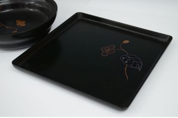 アンティーク雑貨　大正期!蒔絵の素晴らしい盆付菓子鉢(木製漆器)