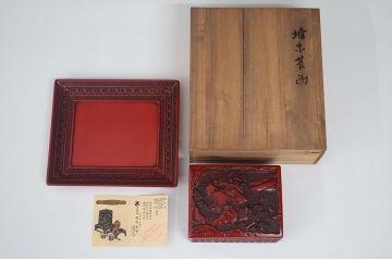 アンティーク雑貨　大正〜昭和初期!仙台堆朱盆付小箱(菓子器、文箱、硯箱)
