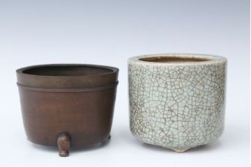 アンティーク雑貨　古民具・骨董　古い煙草盆　2個セット(銅火入、陶器火入)