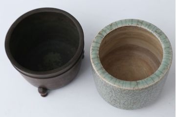 アンティーク雑貨　古民具・骨董　古い煙草盆　2個セット(銅火入、陶器火入)