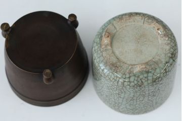 アンティーク雑貨　古民具・骨董　古い煙草盆　2個セット(銅火入、陶器火入)