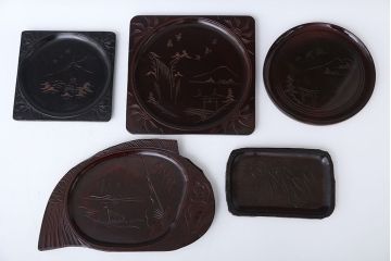 アンティーク雑貨　古民具・骨董　古い木製彫刻お盆　5枚(菓子器)