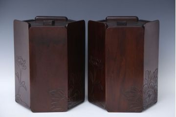アンティーク雑貨　伝統工芸・日光彫ごみ箱　2点セット(木製)