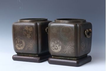 アンティーク雑貨　古民具・骨董　古銅!象嵌の見事な火鉢　1対(手焙り)